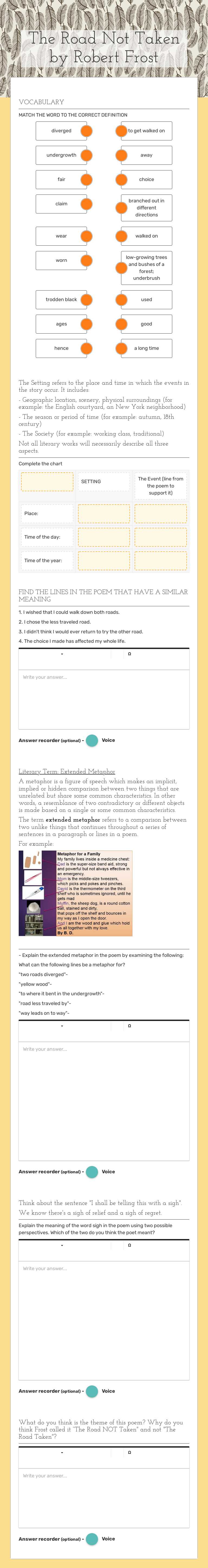 The Road Not Taken            by Robert Frost worksheet preview image