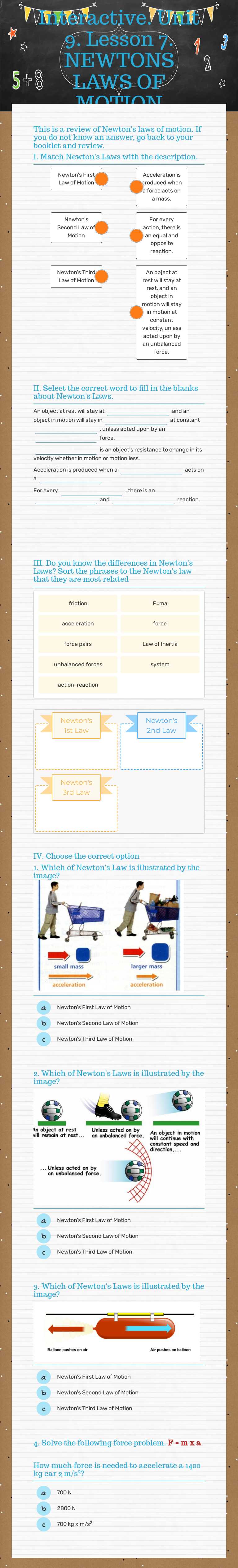 Interactive. Unit 9. Lesson 7. NEWTONS LAWS OF MOTION worksheet preview image