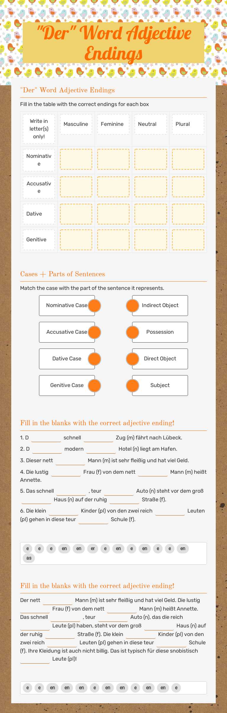 "Der" Word Adjective Endings worksheet preview image