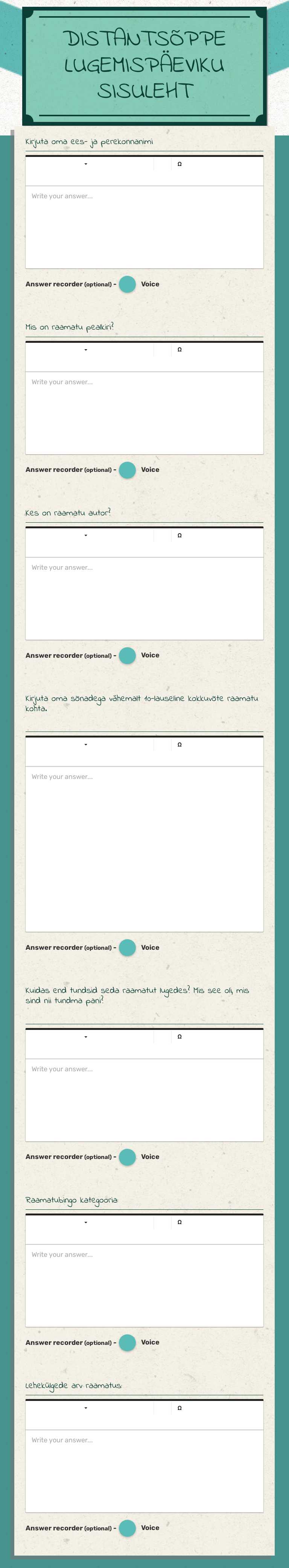 DISTANTSÕPPE LUGEMISPÄEVIKU SISULEHT worksheet preview image