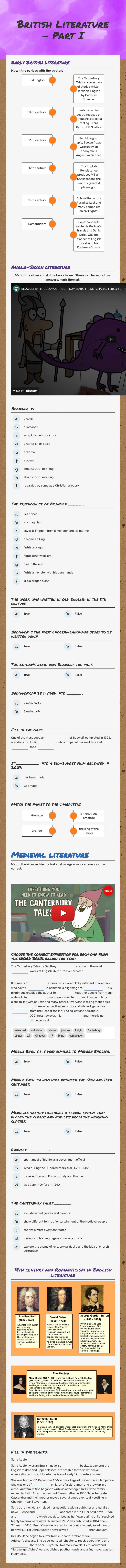 British Literature - Part I worksheet preview image