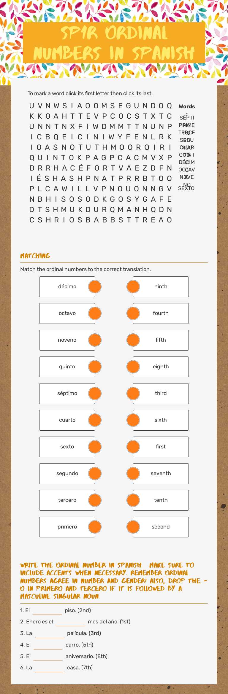 SP1R Ordinal Numbers in Spanish worksheet preview image