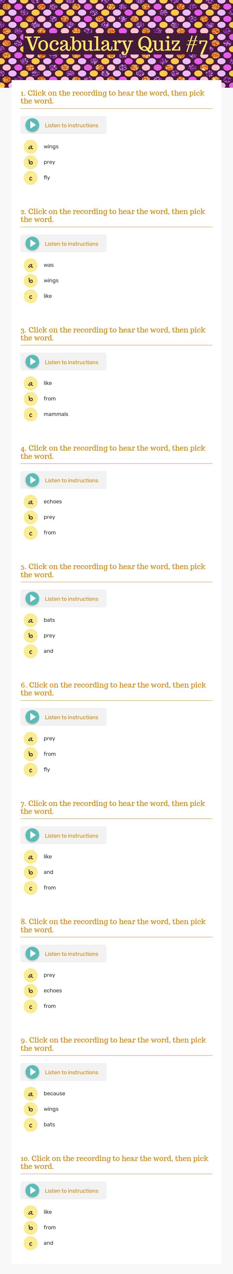 Vocabulary Quiz #7 worksheet preview image