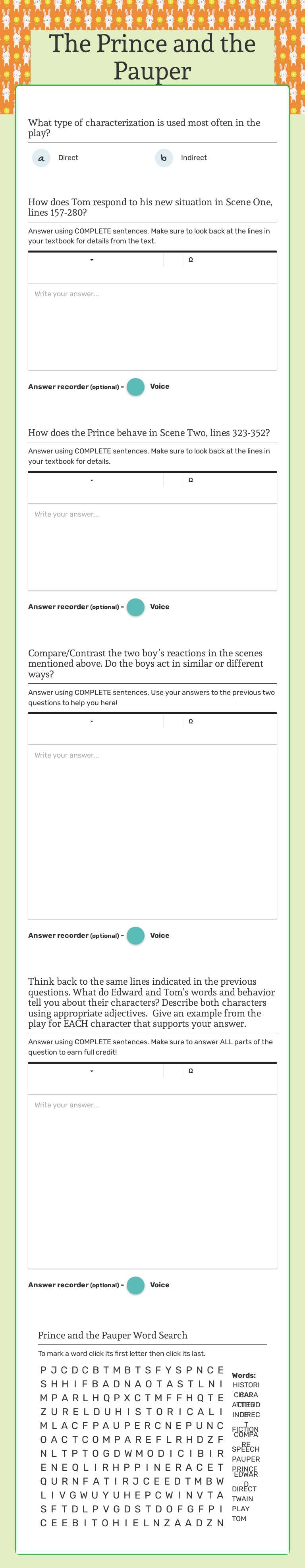 The Prince and the Pauper worksheet preview image