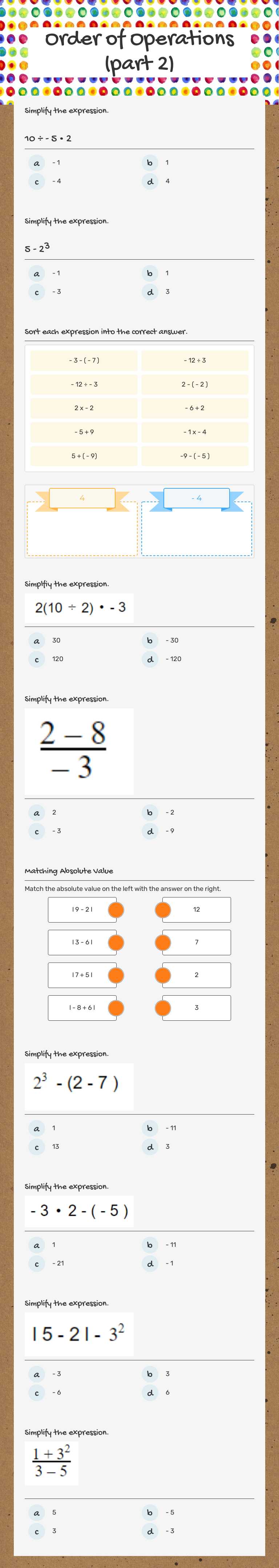 Order of Operations (part 2) worksheet preview image