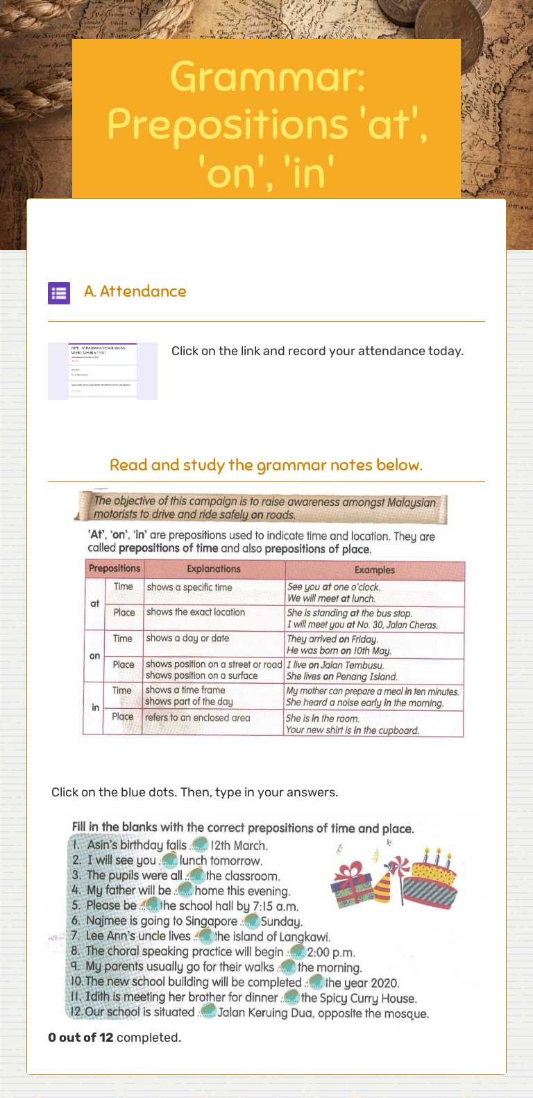 Grammar: Prepositions 'at', 'on', 'in' worksheet preview