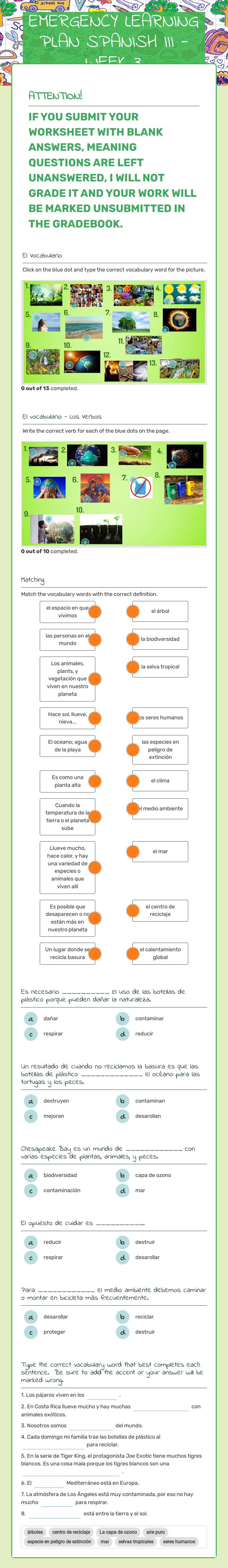 EMERGENCY LEARNING PLAN SPANISH III - WEEK 3 worksheet preview image