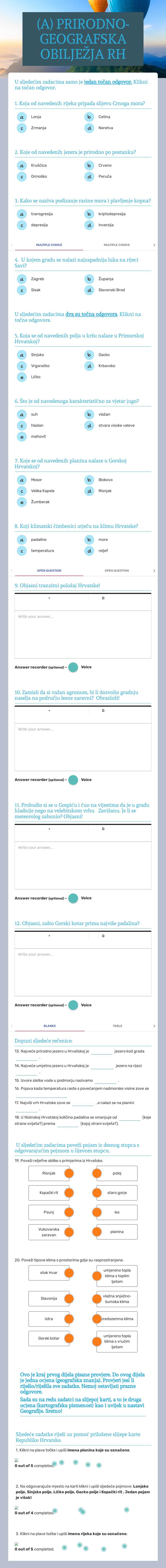 (A) PRIRODNO-GEOGRAFSKA OBILJEŽJA RH Grade 8 worksheet preview