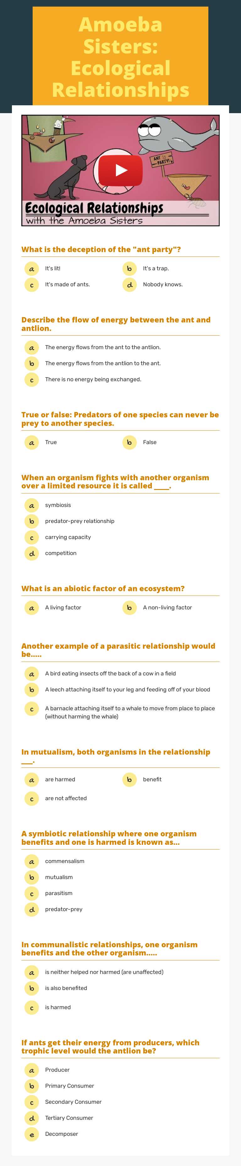 Amoeba Sisters: Ecological Relationships worksheet preview image