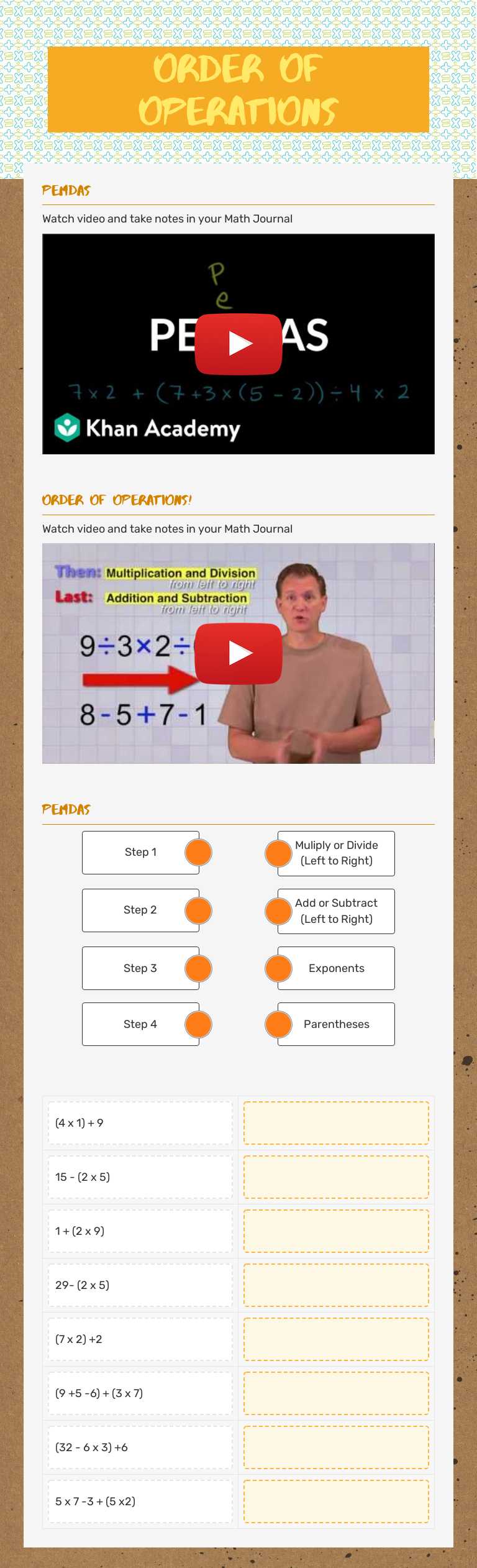 Order of operations worksheet preview image
