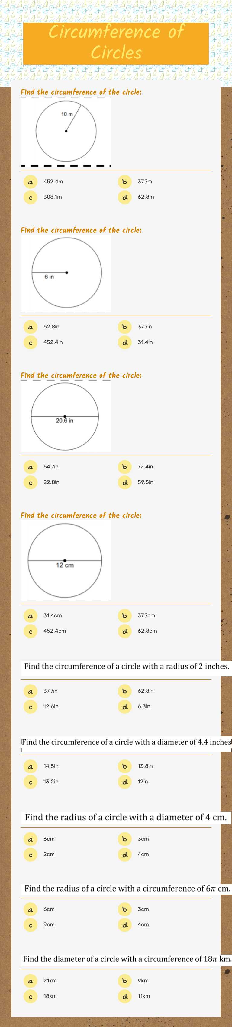 Circumference of Circles worksheet preview image