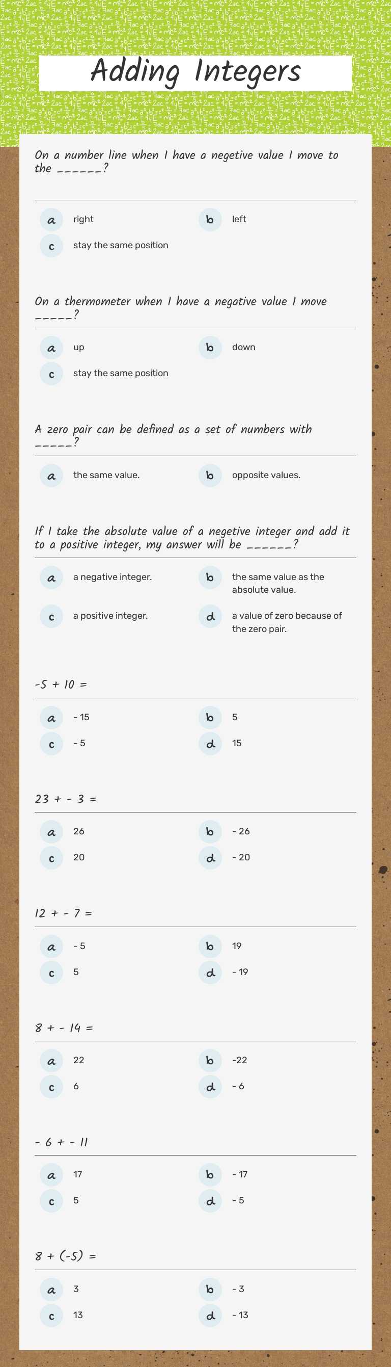 Adding Integers worksheet preview image