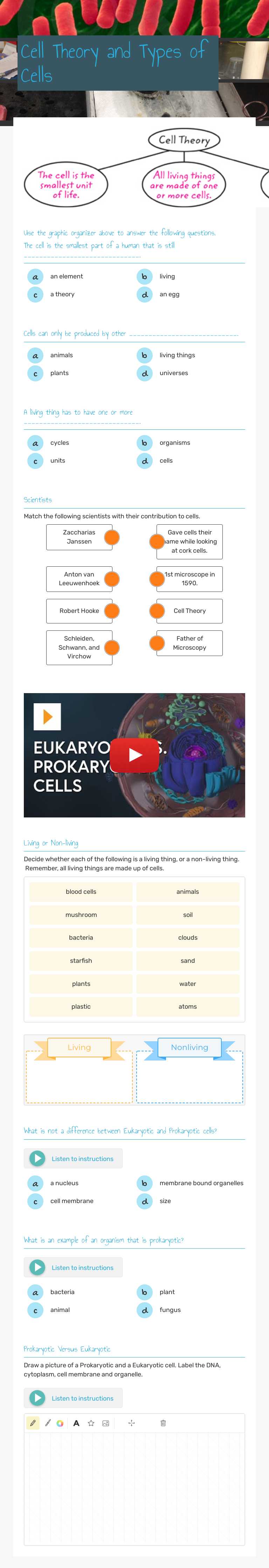 Cell Theory and Types of Cells worksheet preview image