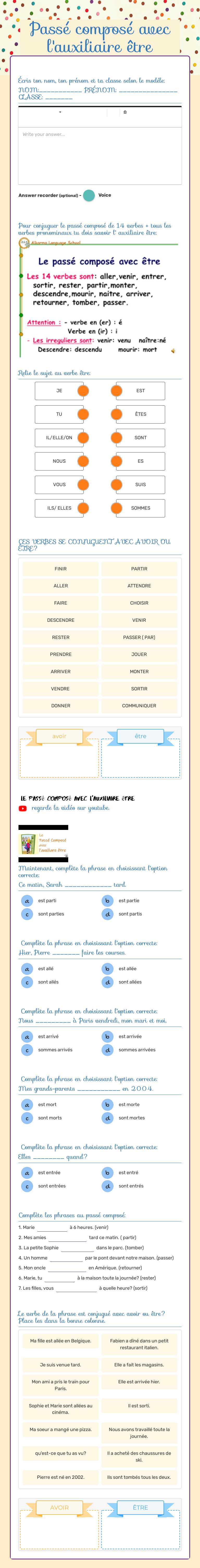 Passé composé avec l'auxiliaire  être worksheet preview image