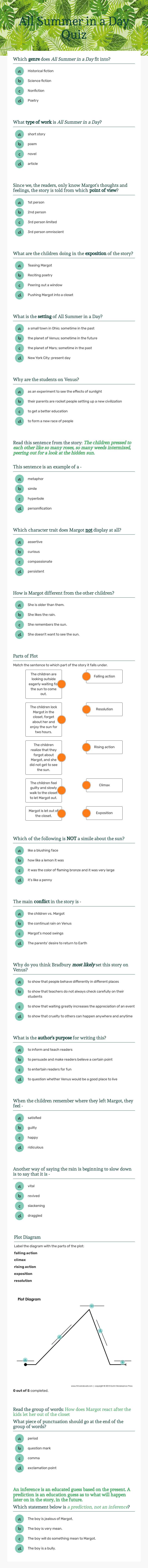 All Summer in a Day Quiz worksheet preview image