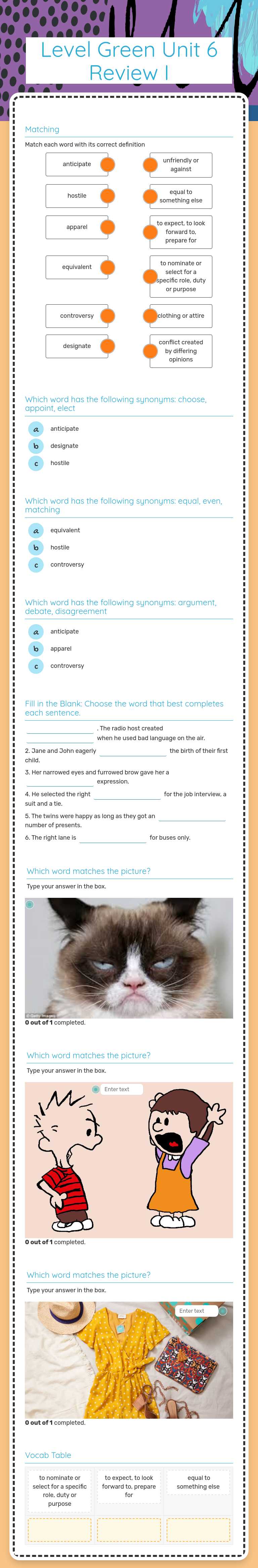 Level Green Unit 6 Review I worksheet preview image