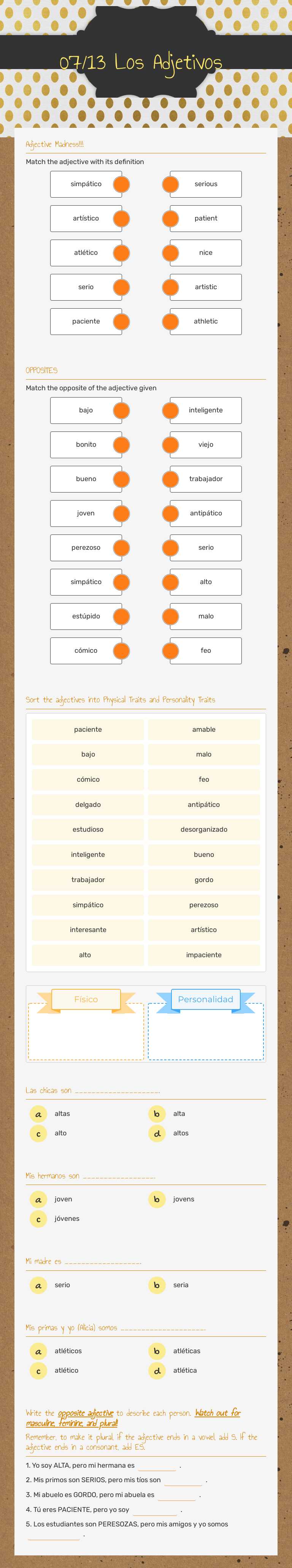 07/13 Los Adjetivos Grade 10 worksheet preview