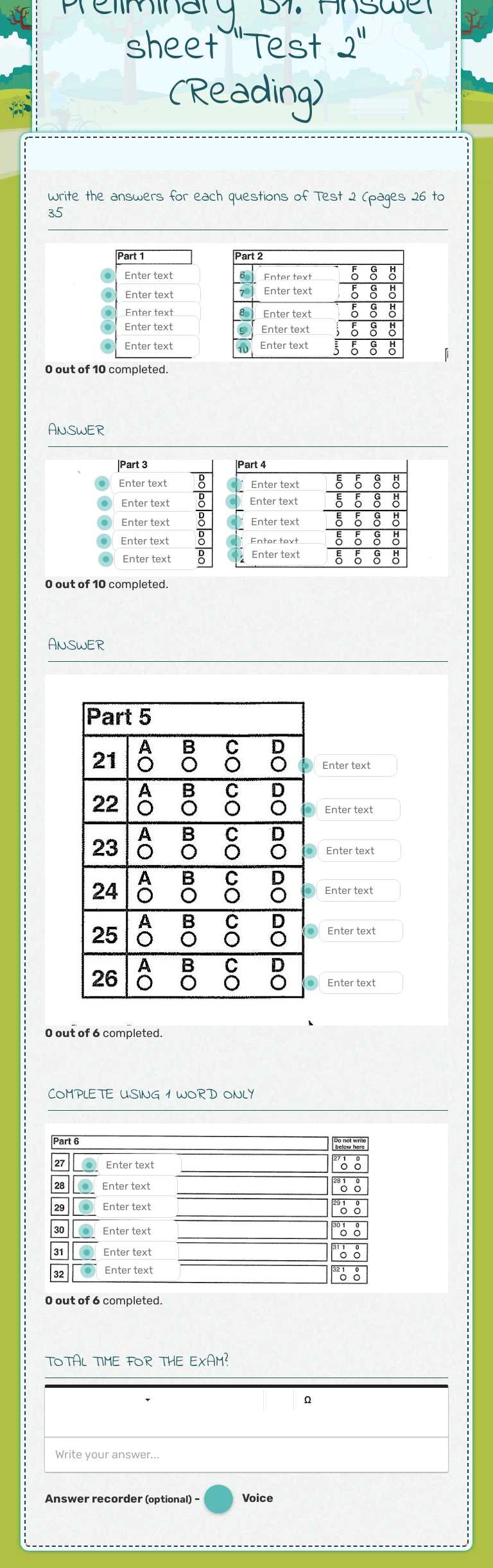 Preliminary B1. Answer sheet "Test 2" (Reading) worksheet preview image