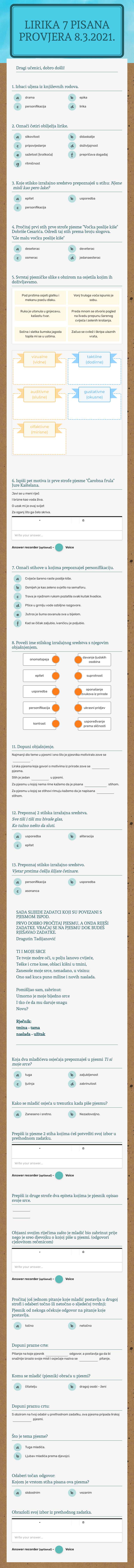 Lirika 7 
pisana provjera 
 8.3.2021. worksheet preview image
