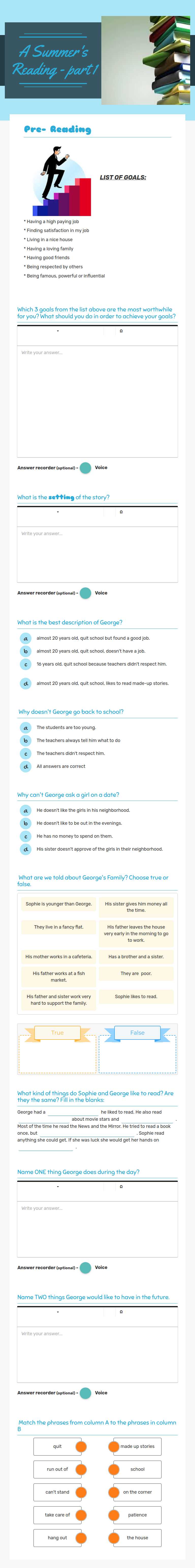 A Summer's Reading - part 1 Grade 11 worksheet preview