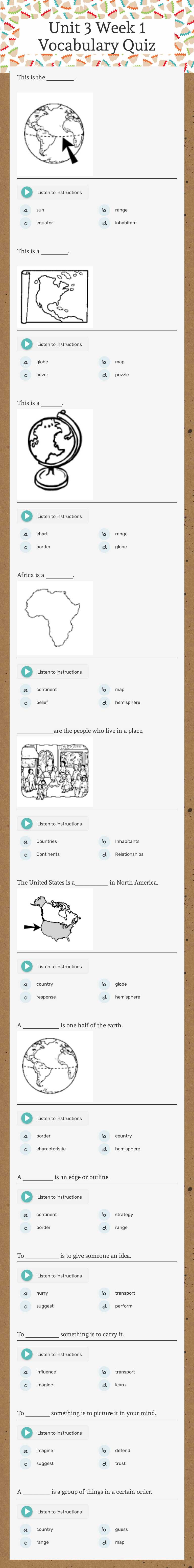 Unit 3 Week 1 Vocabulary Quiz worksheet preview image