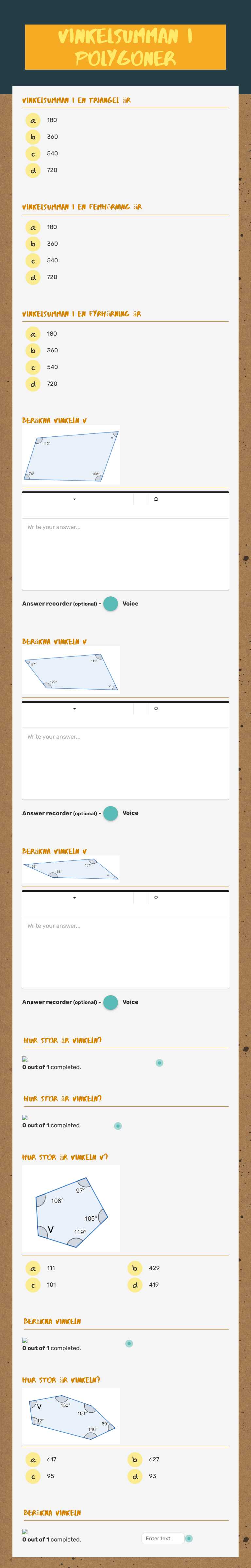 Vinkelsumman i polygoner Grade 7 worksheet preview