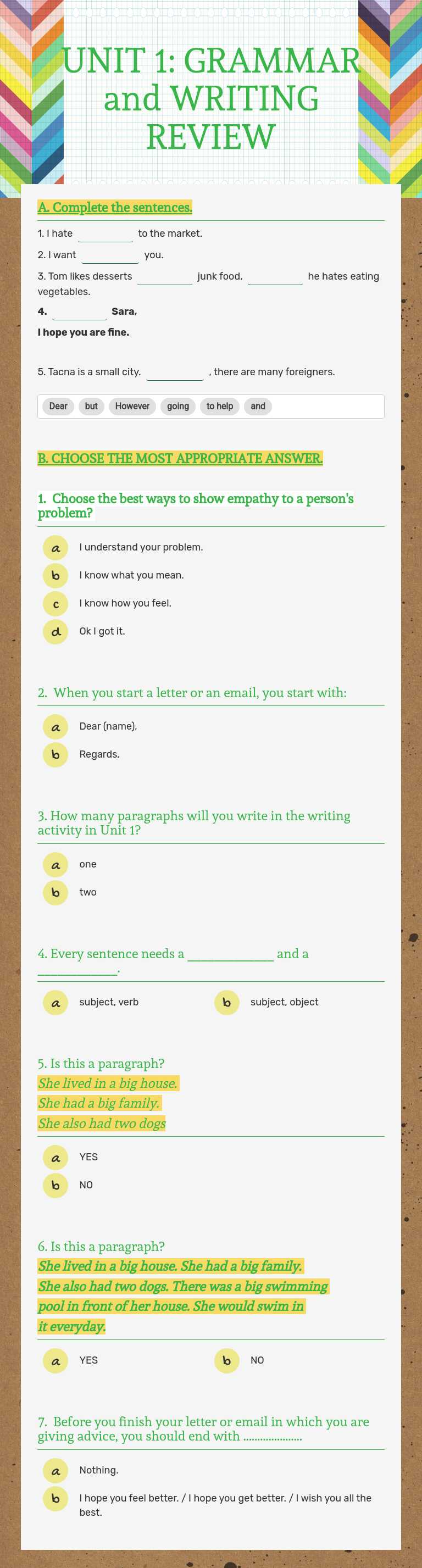 UNIT 1: GRAMMAR and WRITING REVIEW worksheet preview image