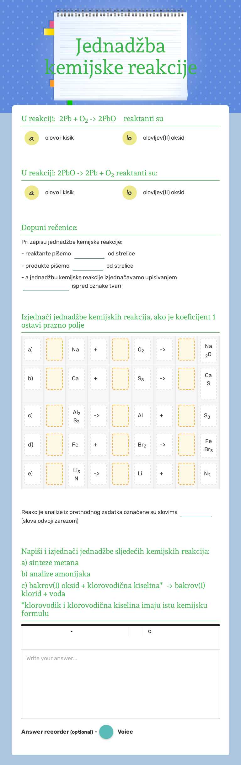 Jednadžba kemijske reakcije worksheet preview image