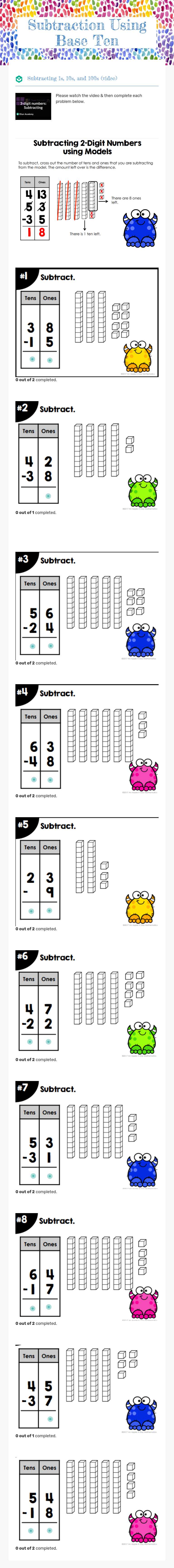 Subtraction Using Base Ten worksheet preview image