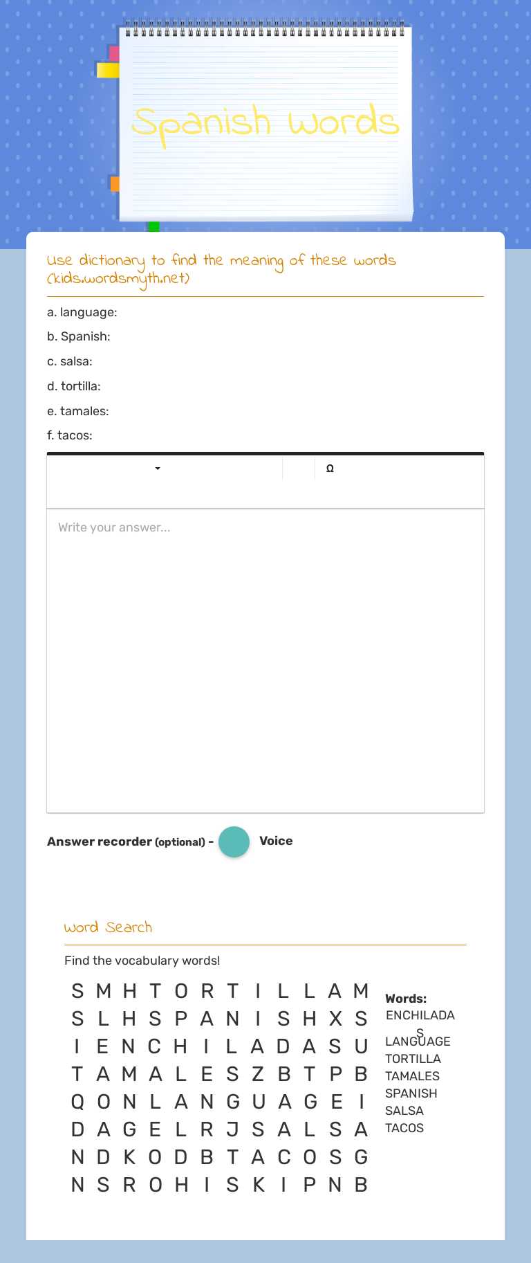 Spanish Words worksheet preview image