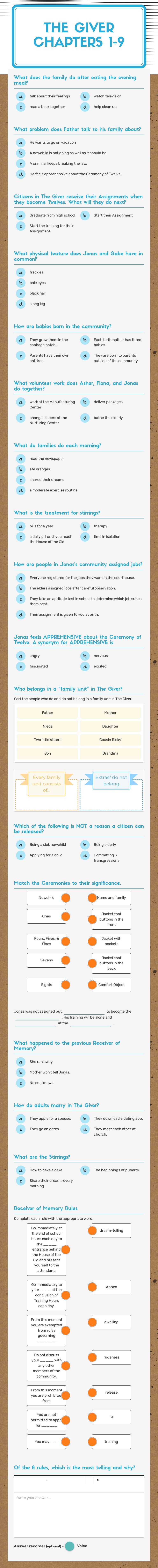 The Giver Chapters 1-9 worksheet preview image