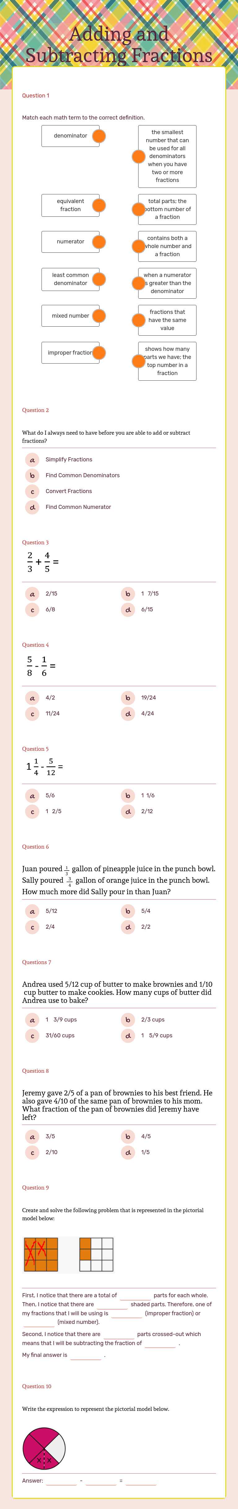 Adding and Subtracting Fractions worksheet preview image