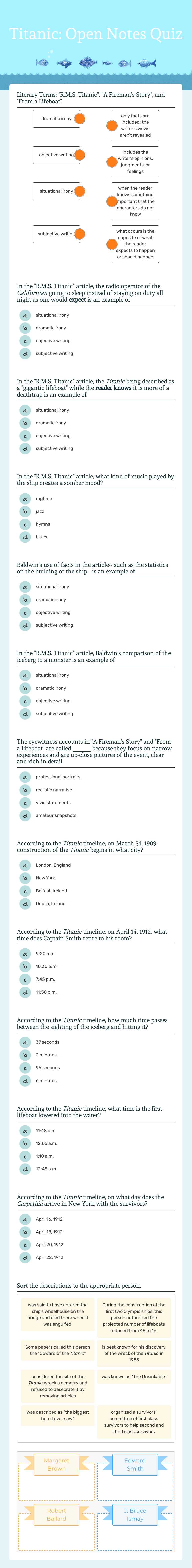 Titanic: Open Notes Quiz worksheet preview