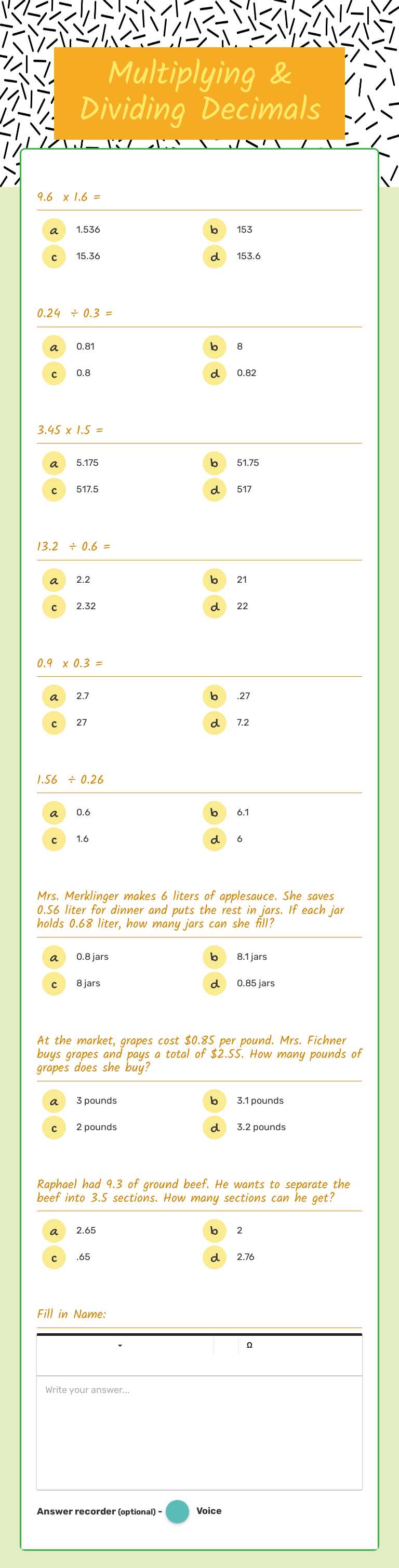 Multiplying & Dividing Decimals worksheet preview image