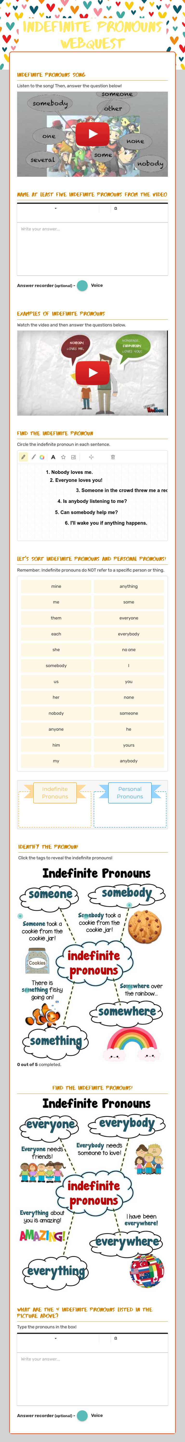 Indefinite pronouns webquest worksheet preview image