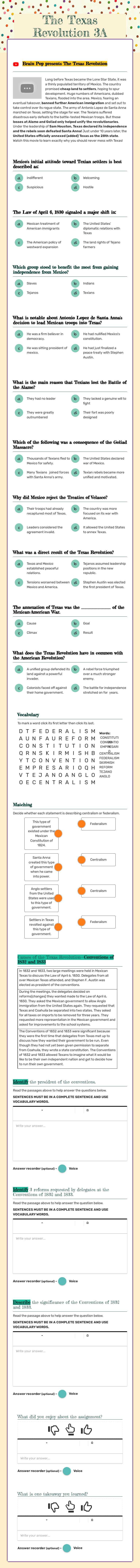 The Texas Revolution 3A worksheet preview image