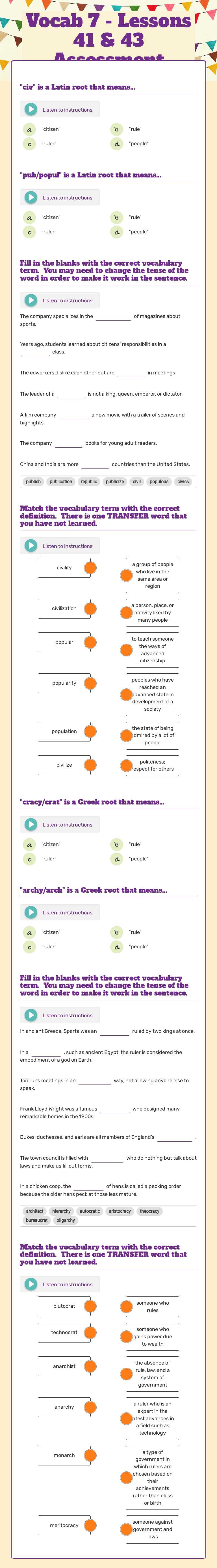 Vocab 7 - Lessons 41 & 43 Assessment Grade 7 worksheet preview
