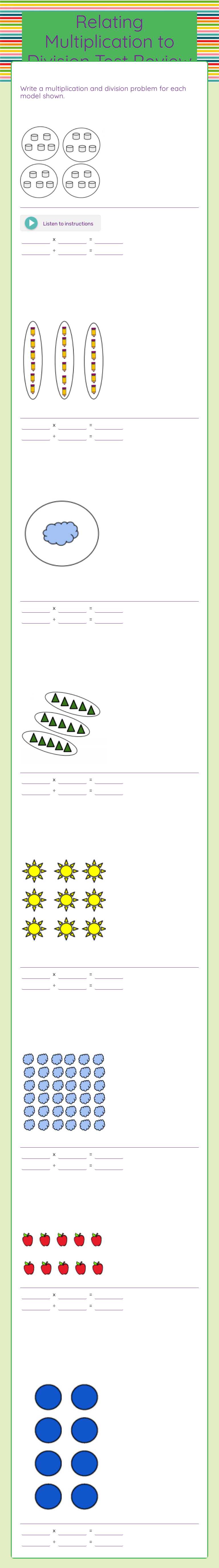 Relating Multiplication to Division Test Review worksheet preview image
