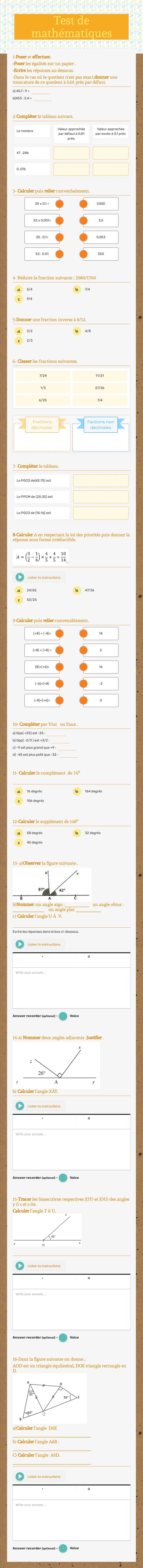 Test de mathématiques worksheet preview image