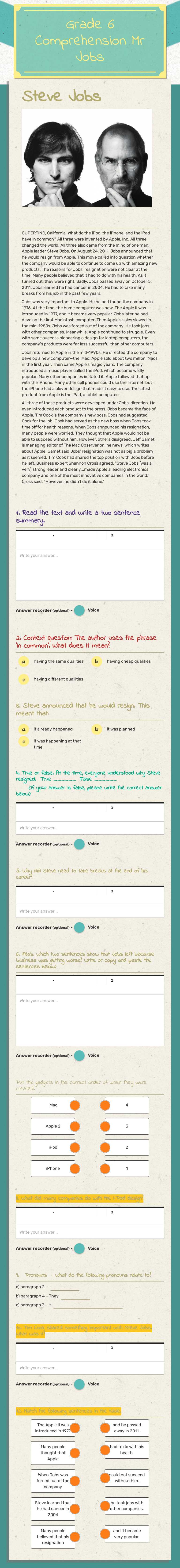 Grade 6 
   Comprehension      Mr Jobs Grade 6 worksheet preview