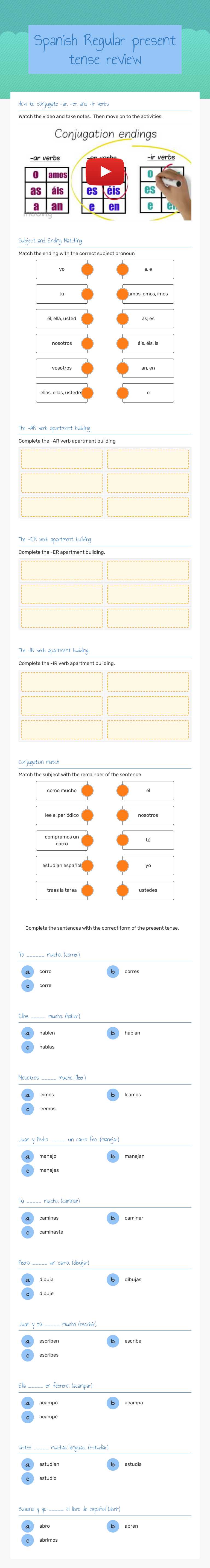 Spanish Regular present tense review worksheet preview image