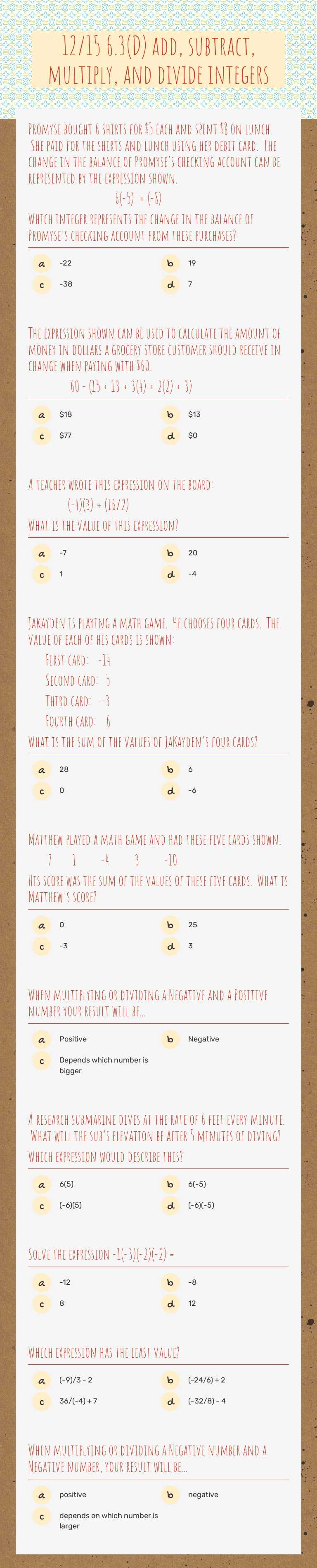 12/15 6.3(D) add, subtract, multiply, and divide integers Grade 6 worksheet preview
