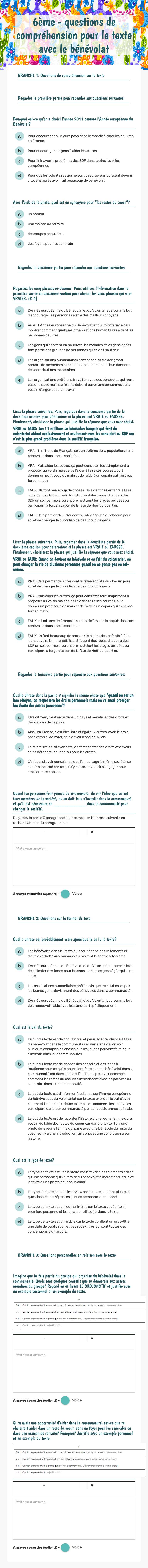 6ème - questions de compréhension pour le texte avec le bénévolat Grade 10 worksheet preview