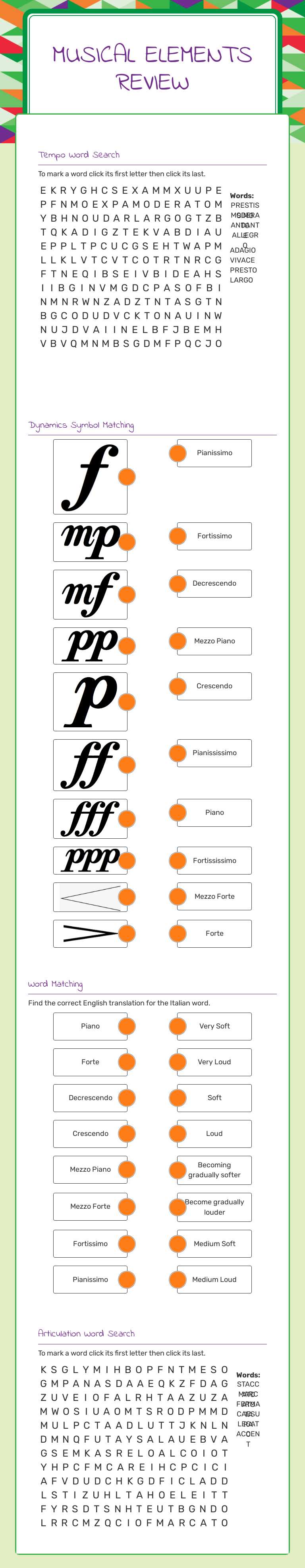 Musical Elements review worksheet preview image