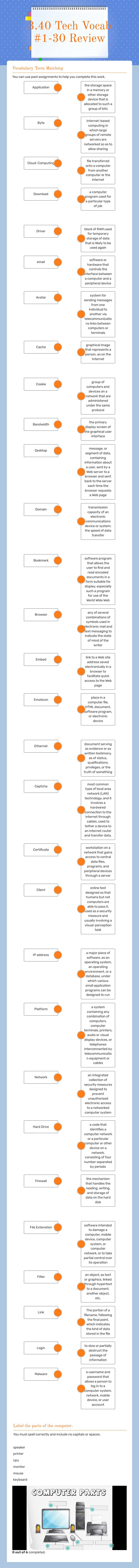 3.40 Tech Vocab #1-30 Review Grade 6 worksheet preview