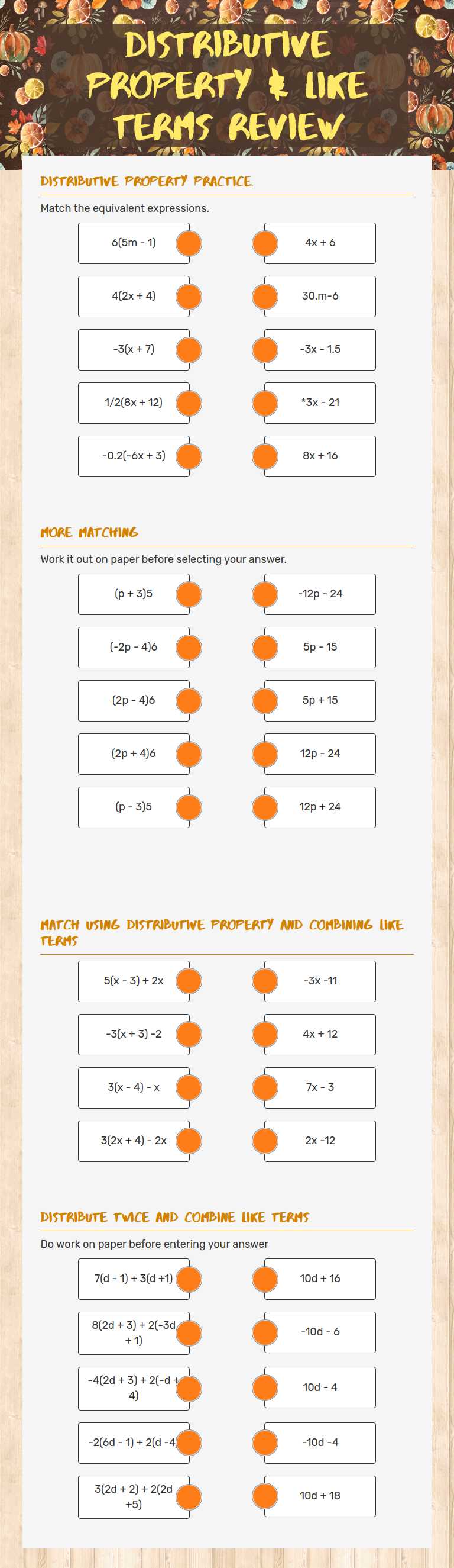 Distributive Property & Like   Terms Review worksheet preview image