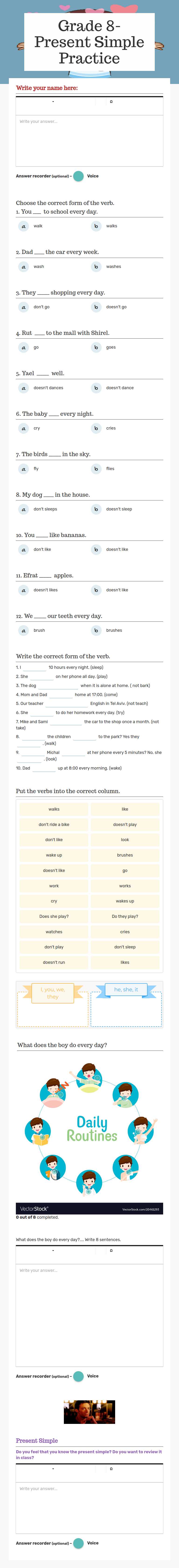 Grade 8- Present Simple Practice Grade 8 worksheet preview