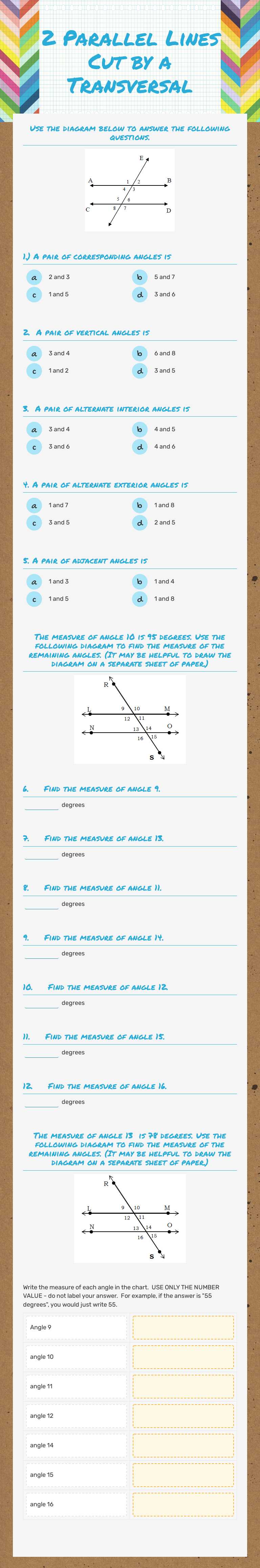 2 Parallel Lines Cut by a Transversal worksheet preview image
