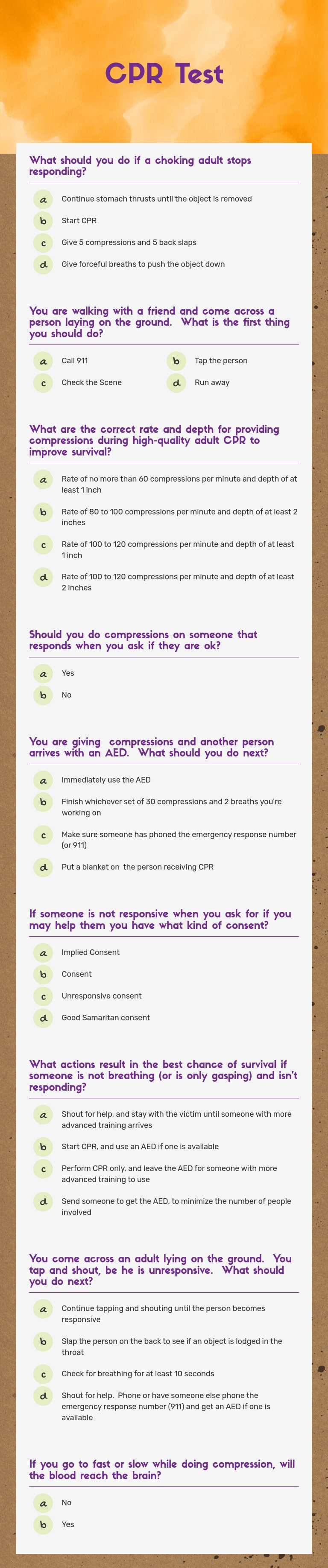 CPR Test Grade 7 worksheet preview