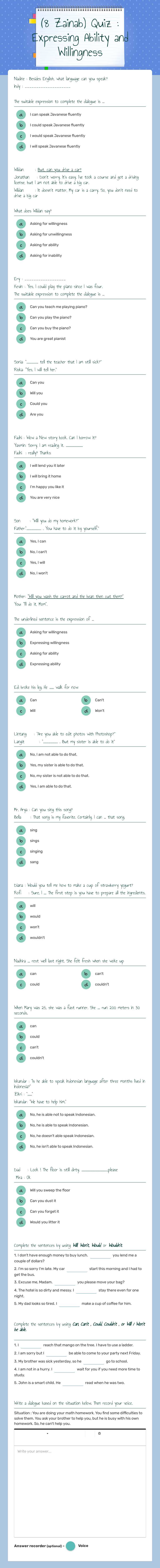(8 Zainab) Quiz : Expressing Ability and Willingness worksheet preview image